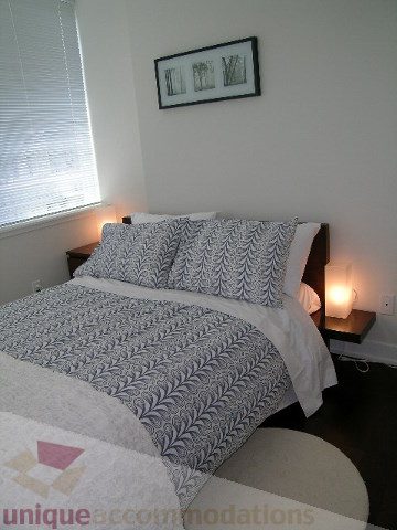 Spacious bedroom with patterned bedding and bedside lamps, perfect for a cozy stay. - 1209 - 1055 Richards Street, Vancouver Downtown