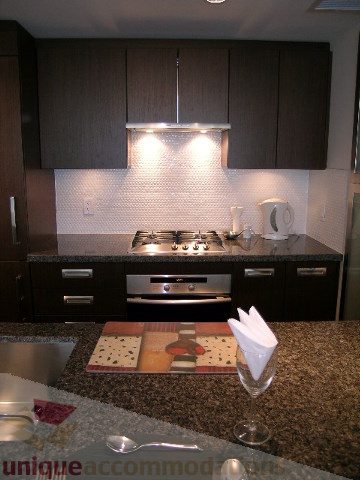 Modern kitchen with dark wood cabinets, granite countertops, and stainless steel appliances. - 1209 - 1055 Richards Street, Vancouver Downtown