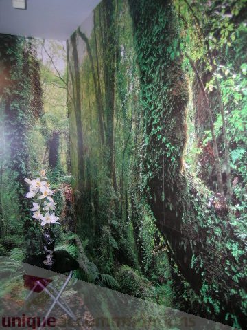 Furnished 1-bedroom with lush green forest wallpaper. - 1403 - 555 Jervis Street, Vancouver Downtown