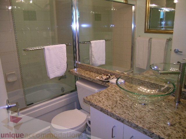 Furnished 1-bedroom condo with granite countertops and modern shower. - 1403 - 555 Jervis Street, Vancouver Downtown