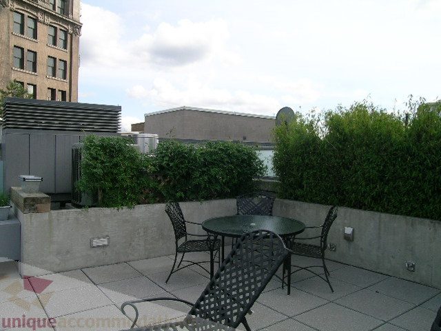 Furnished rooftop patio with outdoor seating and greenery, city view. - 902 - 528 Beatty Street, Vancouver Downtown