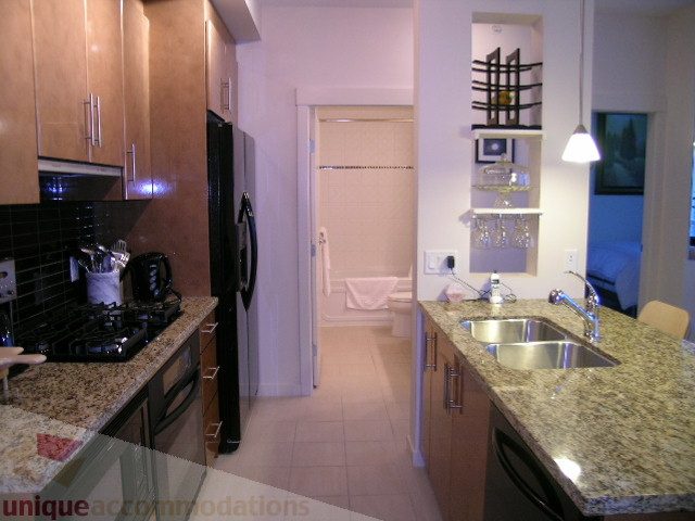 Bright kitchen with granite countertops, stainless steel appliances, and a modern design. - 3802 - 1189 Melville Street, Vancouver Downtown