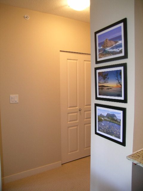 Bright hallway with framed ocean scenes on the wall, granite countertop visible. - 315 - 4078 Knight Street, Vancouver West Side