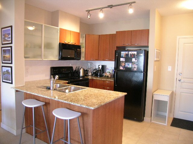 Bright kitchen with granite countertops, black appliances, and wooden cabinets. - 315 - 4078 Knight Street, Vancouver West Side