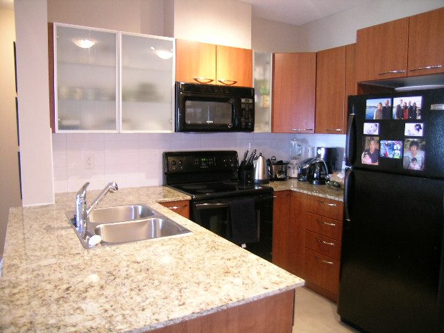 Bright kitchen with granite countertops and black appliances, modern design. - 315 - 4078 Knight Street, Vancouver West Side