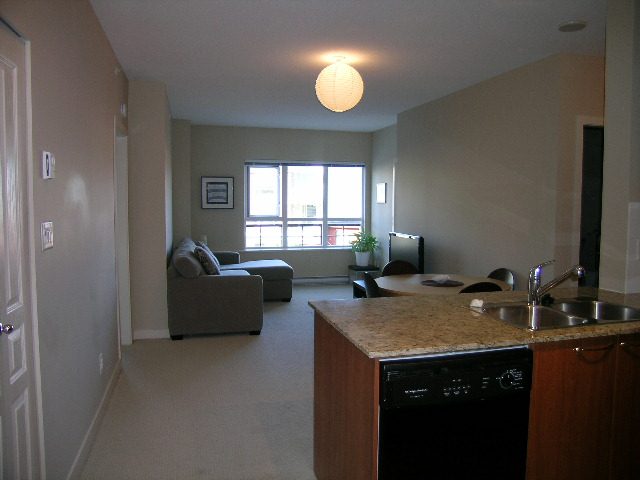 Bright kitchen with granite countertops and a view of the living area. - 315 - 4078 Knight Street, Vancouver West Side