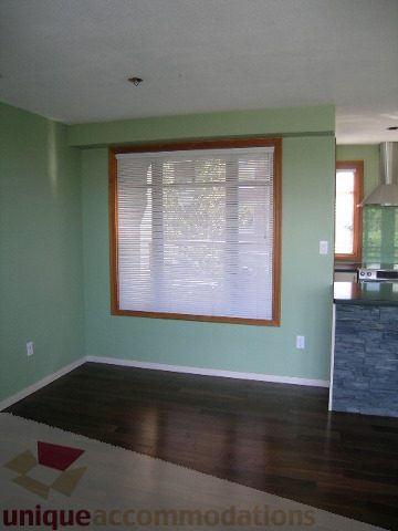 Open living area with hardwood floors and green walls, featuring a kitchen counter and window with blinds. - 137 Alexander Street, Vancouver Downtown