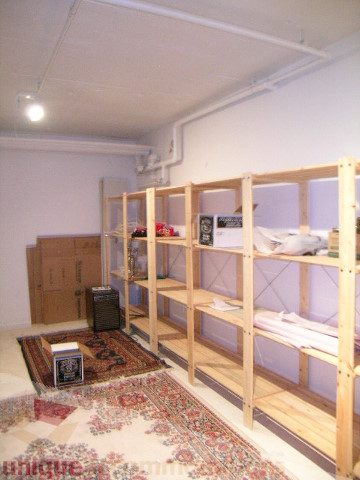 Furnished living room with wooden shelves and patterned rug. - 137 Alexander Street, Vancouver Downtown