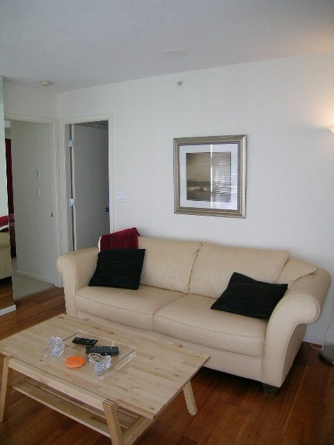 Bright living room with white couch, wooden coffee table, hardwood floors, and framed artwork on the wall.