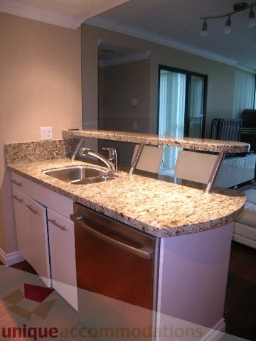 Spacious kitchen with granite countertops and hardwood floors, perfect for a cozy downtown condo.