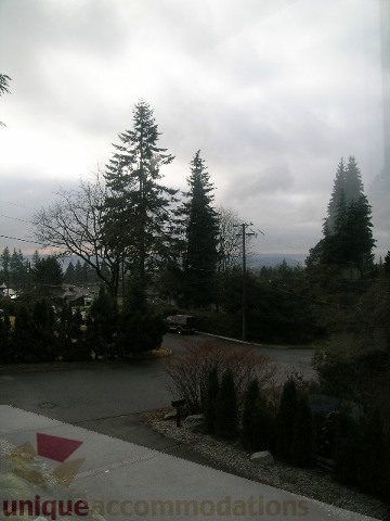 Furnished living room with large windows, view of trees and cloudy sky. - 250 Rockland Road West, North Vancouver