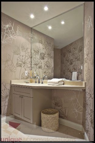Bathroom with beige wallpaper, modern sink, and woven basket. - Townhouse 117 - 118 Drake Street, Vancouver Downtown