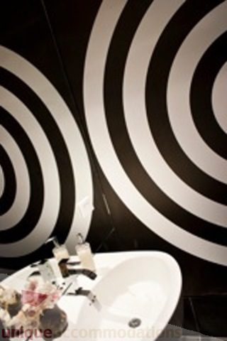 Bathroom with black and white spiral wall design, modern sink. - 30 - 133 Keefer Street, Vancouver Downtown