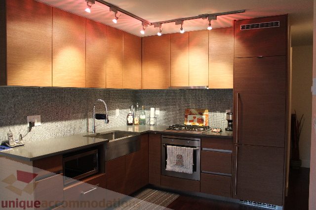 Furnished kitchen with modern cabinets, granite countertops, and stainless steel appliances. - 705 - 565 Smithe Street, Vancouver Downtown