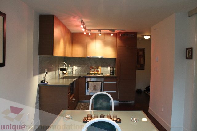 Furnished kitchen with modern cabinets and stainless steel appliances. - 705 - 565 Smithe Street, Vancouver Downtown