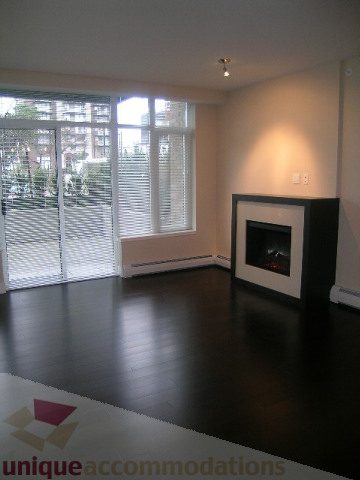 Spacious living room with hardwood floors, modern fireplace, and city view. - 1309 Civic Place Mews, North Vancouver