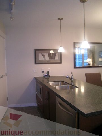 Bright kitchen with granite countertops and stainless steel appliances, featuring a modern design and a window view.