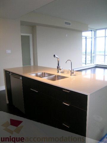 Modern kitchen with sleek black cabinets and white countertops, featuring a large window offering a city view.