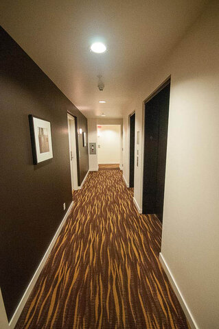 Spacious hallway with patterned carpet and framed artwork, leading to a bright, inviting 1-bedroom + den condo.