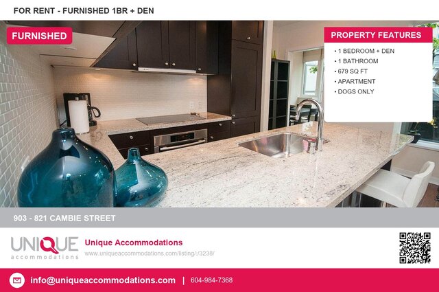 Modern kitchen with granite countertops and stainless steel sink, perfect for a 1-bedroom + den furnished apartment.