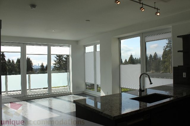 Modern kitchen with sleek countertops and large windows offering a scenic city view. - 301 - 650 Evergreen Place, North Vancouver
