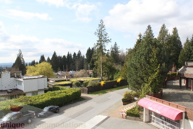 Spacious 1-bedroom condo with a serene view of lush greenery and distant mountains. - 301 - 650 Evergreen Place, North Vancouver