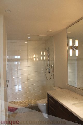 Spacious bathroom with modern shower, sleek countertop, and ample lighting. - 301 - 650 Evergreen Place, North Vancouver