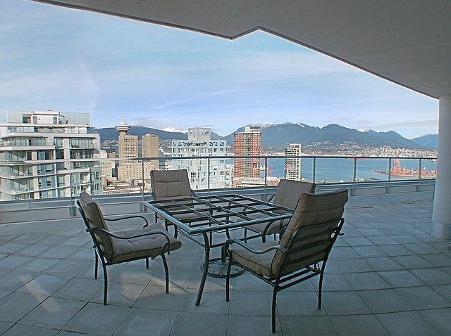 Furnished balcony with city view and modern furniture. - 3705 - 689 Abbott Street, Vancouver Downtown