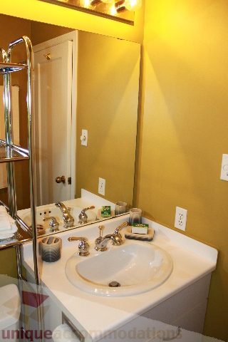 Bathroom with white countertop and sink, gold walls, and a mirror above the sink. - 2156 Cortell Ave, North Vancouver