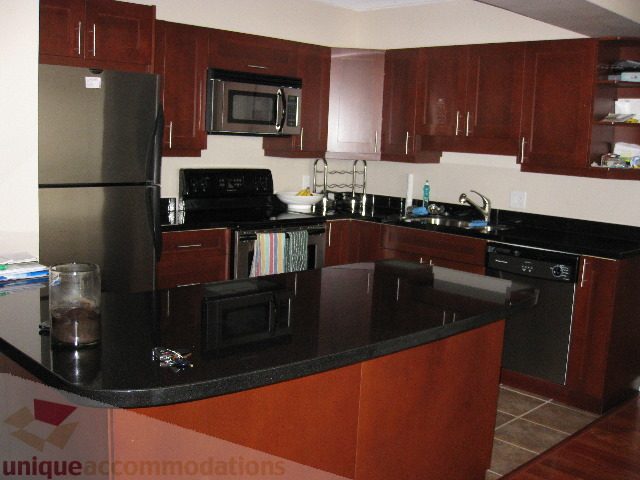 Bright kitchen with dark granite countertops, stainless steel appliances, and wooden cabinetry. - 2507 - 950 Cambie Street, Vancouver Downtown