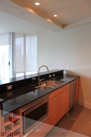 Modern kitchen with sleek black countertops and stainless steel sink, featuring a city view through large windows.