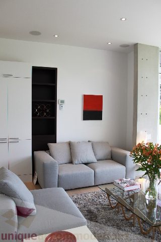 Furnished living room with modern furniture, a red and black wall art piece, and a glass coffee table. - 6012 Newton Wynd, Vancouver West Side
