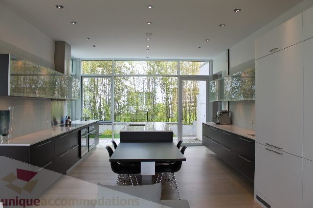 Bright kitchen with modern cabinets, large windows, and a view of greenery. - 6012 Newton Wynd, Vancouver West Side