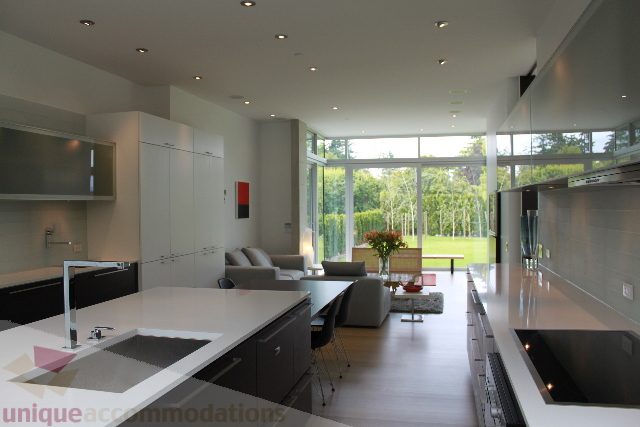 Bright kitchen with modern design, stainless steel appliances, and large windows offering a view of greenery. - 6012 Newton Wynd, Vancouver West Side