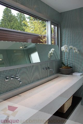 Bathroom with modern sink, green mosaic tiles, and large window view. - 6012 Newton Wynd, Vancouver West Side
