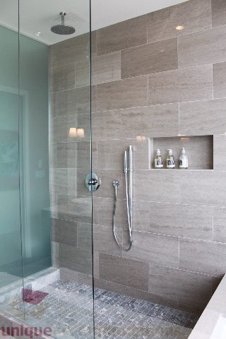 Furnished bathroom with glass shower and modern tile design. - 6002 - 1128 West Georgia, Vancouver Downtown