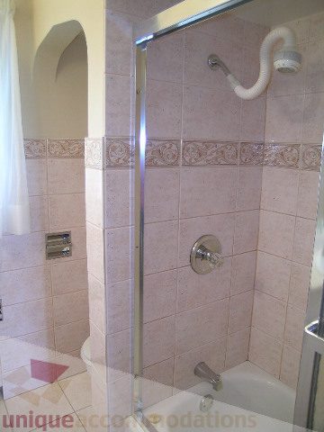 Bathroom with pink tiles and grab bars, modern shower setup. - 1561 Jefferson Ave, West Vancouver