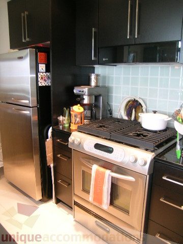Bright kitchen with stainless steel appliances, modern cabinets, and a tiled backsplash. - 707 - 638 Beach Crescent, Vancouver Downtown
