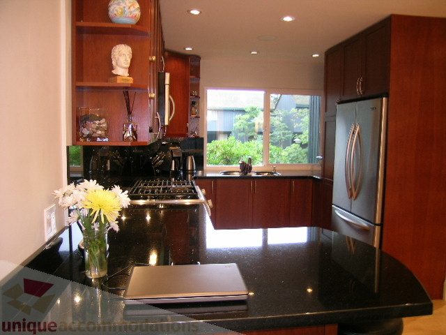 Bright kitchen with dark granite countertops, stainless steel appliances, and a view of the outdoor garden.