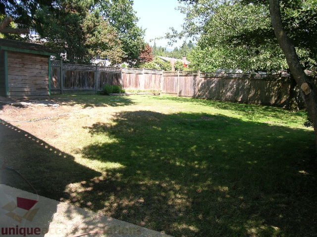 Fenced backyard with lush green grass and trees casting shadows. - 1350 14th Street, West Vancouver