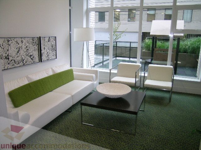Furnished living room with modern furniture, large windows, and green carpet. - 406 - 1252 Hornby Street, Vancouver Downtown