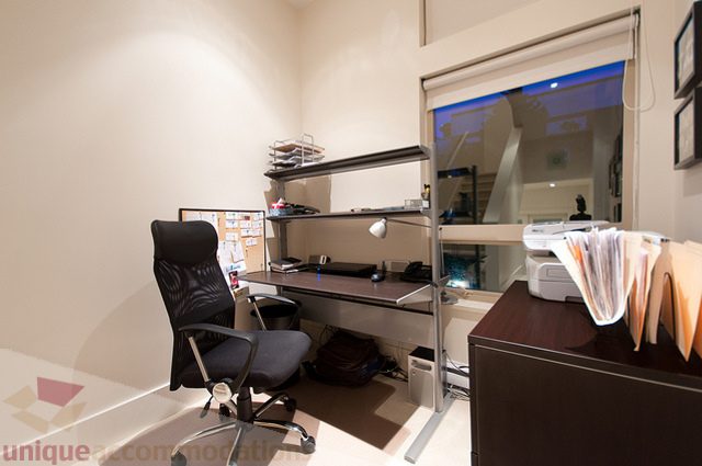 Furnished home office with desk, chair, and storage, modern design. - 1381 Bute Street, Vancouver Downtown