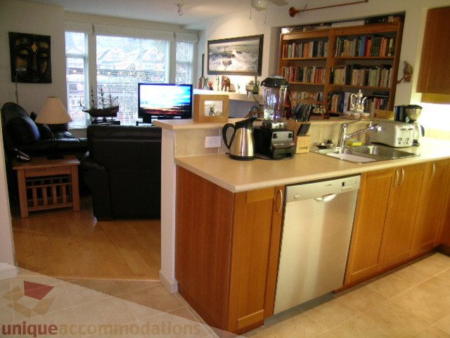 Bright kitchen with wooden cabinets, granite countertops, and a city view from the living area. - 215 - 3727 West 10th Avenue, Vancouver West Side