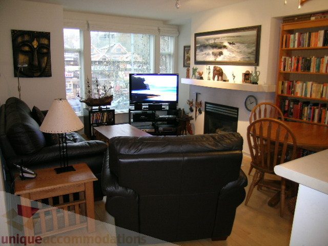 Spacious living room with a cozy sofa, large window, and a bookshelf filled with books. - 215 - 3727 West 10th Avenue, Vancouver West Side