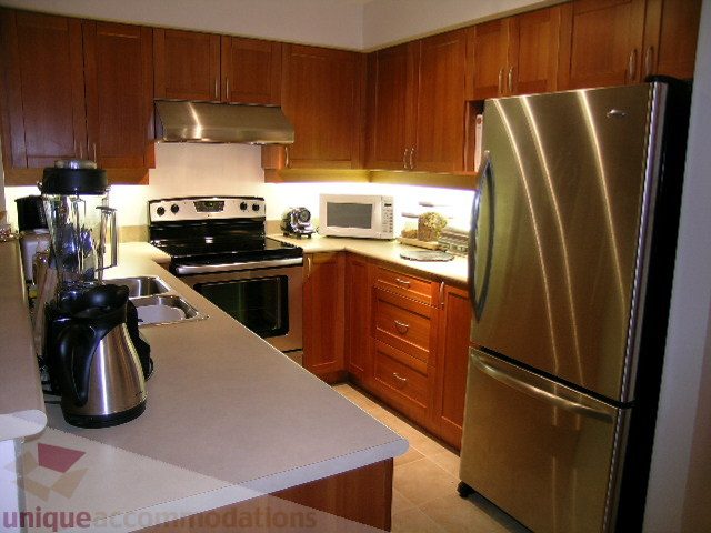 Bright kitchen with stainless steel appliances, wooden cabinets, and granite countertops. - 215 - 3727 West 10th Avenue, Vancouver West Side