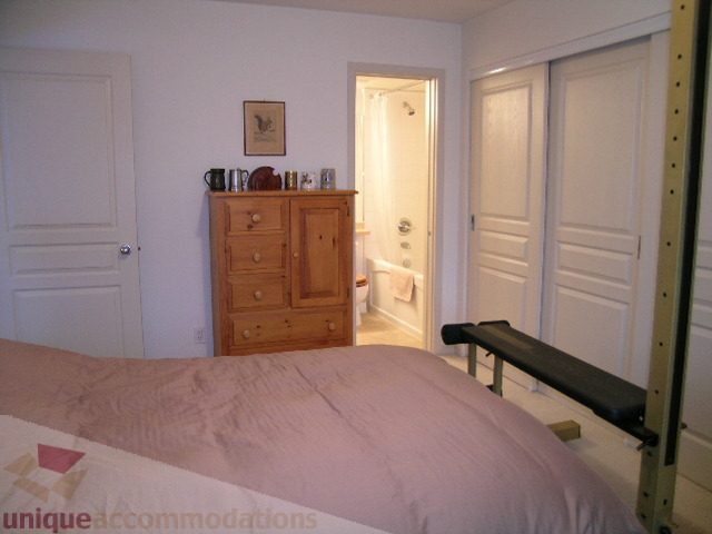 Spacious bedroom with wooden dresser, sliding closet doors, and cozy bedding. - 215 - 3727 West 10th Avenue, Vancouver West Side