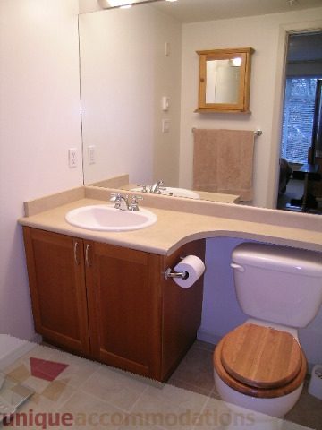Furnished bathroom with wooden cabinets, beige countertops, and a toilet with a wooden seat. - 215 - 3727 West 10th Avenue, Vancouver West Side