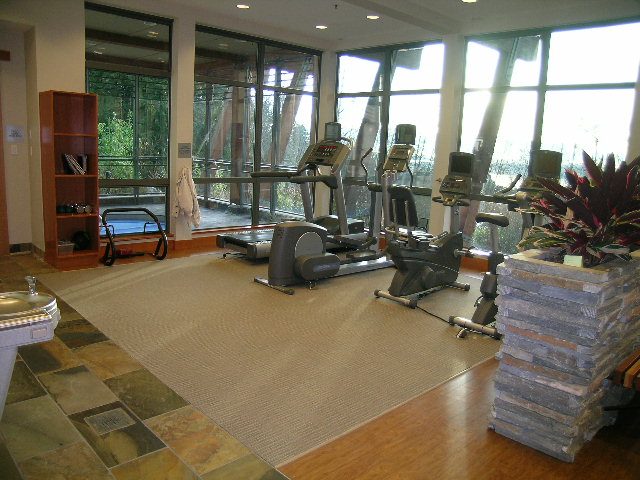 Spacious fitness room with large windows, cardio equipment, and stone accents. - 602 - 3355 Cypress Place, West Vancouver