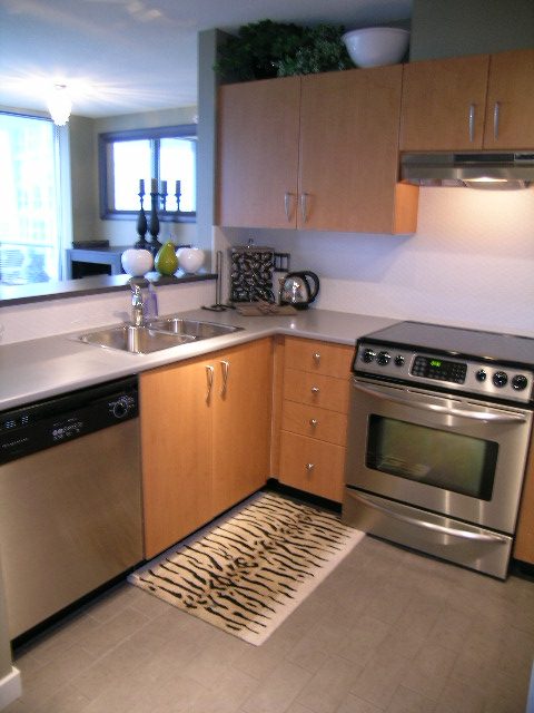 Bright kitchen with stainless steel appliances, light wood cabinets, and a zebra print rug. - 2109 - 1295 Richards Street, Vancouver Downtown
