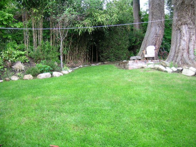 Spacious backyard with lush green lawn, large trees, and a cozy seating area. - 2795 Palmerston Avenue, West Vancouver